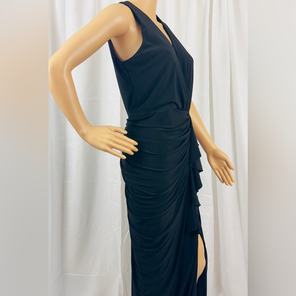 Betsy & Adam Black Formal Full Length V-Neck Ruched Lower Mid Slit Dres… - Picture 13 of 16